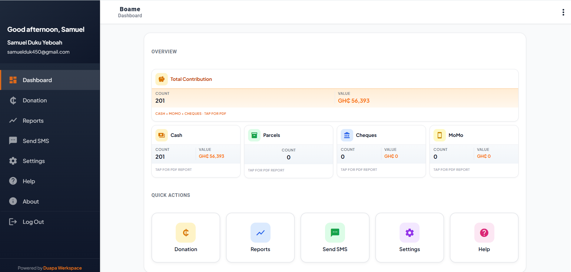Boame dashboard on desktop